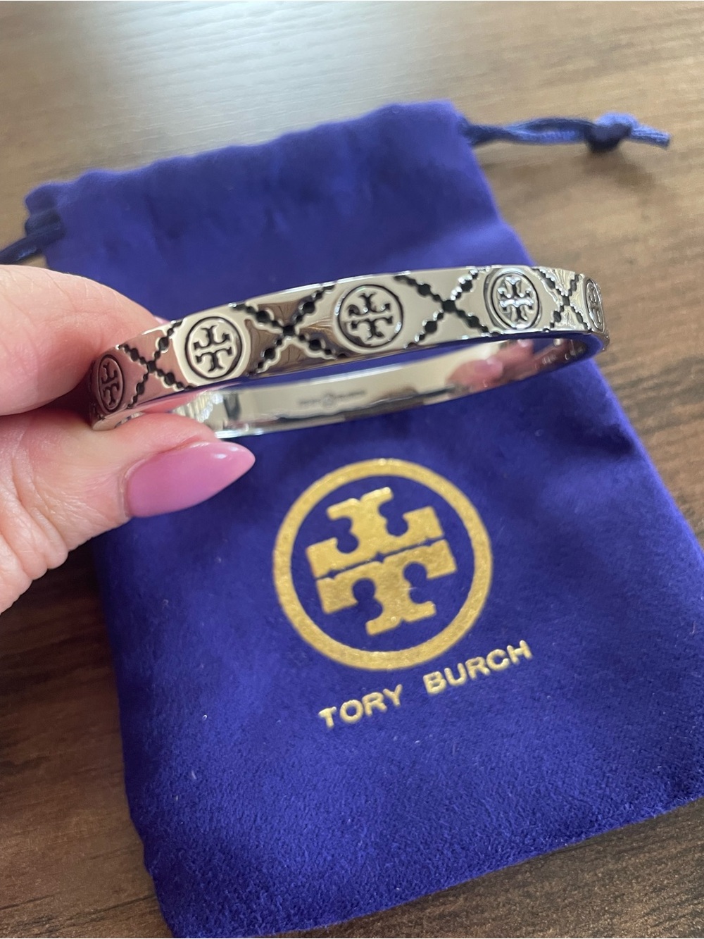 Tory Burch Silver Logo-Accent Bangle with Polished Finish